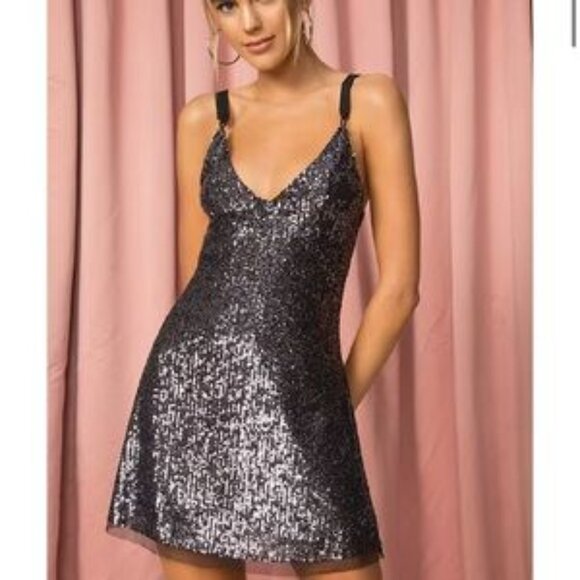 Free People Gold Rush Black Sequin Mini Dress size large - Picture 1 of 7